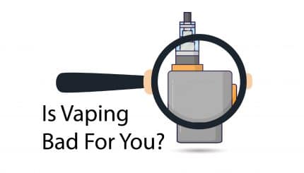 Is Vaping bad picture with ecigarette and magnify glass