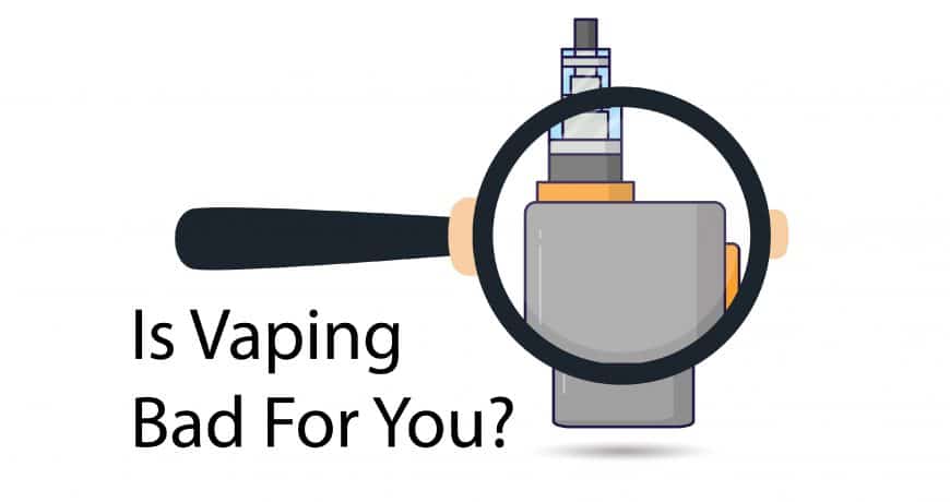 Is Vaping bad picture with ecigarette and magnify glass